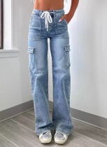Light Blue Casual Lace-Up Multi-Pocket Straight Jeans