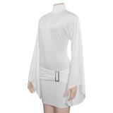 2024 Autumn New Solid Color Round Neck Slim Fit Metal Button Dress