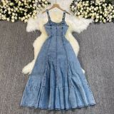 Fashionable Suspender High Waist Zipper Large Skirt Denim Dress