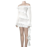 Solid Color One-shoulder Long-sleeved Patchwork Ear-trimmed Ribbon Dress