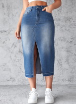 Women's Blue Denim Skirt Slit Hip-Hugging Slim Long Skirt