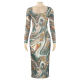 Autumn New U-neck Slim Printed Long-sleeved High-waisted Dress