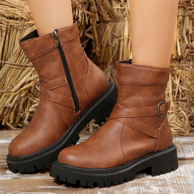 Leather Side Zipper Short-Tube Martin Boots Round Toe Thick-Soled Belt Buckle Knight Leather Boots