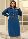 Dark Blue Denim Dress With Lapel And Long Sleeves