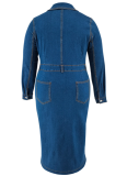 Dark Blue Denim Dress With Lapel And Long Sleeves