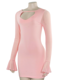 Pink Heart-Shaped Hollow Long-Sleeved Sexy Hip Dress