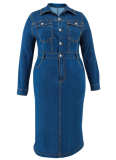 Dark Blue Denim Dress With Lapel And Long Sleeves