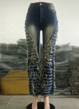 New Autumn Washed Raw Edge Patchwork Flared Jeans