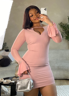 Pink Heart-Shaped Hollow Long-Sleeved Sexy Hip Dress