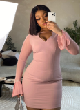 Pink Heart-Shaped Hollow Long-Sleeved Sexy Hip Dress