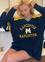 Letter Embroidery and Striped Contrast Color Round Neck Pullover Sweatshirt
