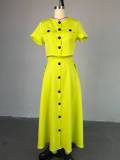 Elegant Round Neck Short-sleeved Top High Waist Buttoned Skirt Suit