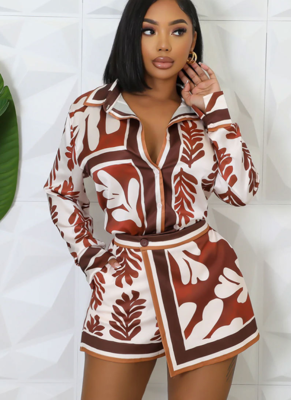 Casual Printed Long-sleeved Shorts Two-piece Set