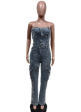 New Style Tube Top Embroidered Cross Elastic Jumpsuit