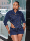 Dark Blue Denim Elastic Washed Long-Sleeved Short Skirt Two-Piece Suit