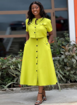 Elegant Round Neck Short-sleeved Top High Waist Buttoned Skirt Suit