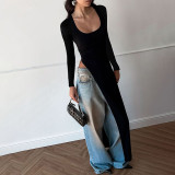 Autumn Personalized Irregular Slim Solid Color Round Neck Long-sleeved T-shirt Top