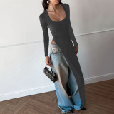 Autumn Personalized Irregular Slim Solid Color Round Neck Long-sleeved T-shirt Top