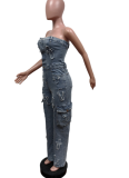 New Style Tube Top Embroidered Cross Elastic Jumpsuit