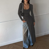 Autumn Personalized Irregular Slim Solid Color Round Neck Long-sleeved T-shirt Top