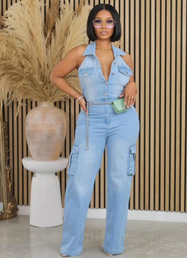 Slim Fit Stretch Washed Denim Straight Jumpsuit