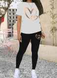 Fashionable Gradient Gold Heart Print Casual Two-Piece Suit