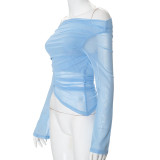 Autumn Solid Color Long-sleeved One-shoulder Sexy Mesh Patchwork Top
