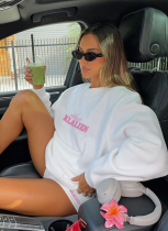 White Fashion Printed Bottoming Sweatshirt High Waist Shorts Casual Sports Two-Piece Suit