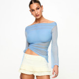 Autumn Solid Color Long-sleeved One-shoulder Sexy Mesh Patchwork Top