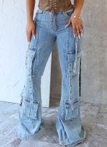Blue Personalized Street Style High Elastic Denim Flared Overalls
