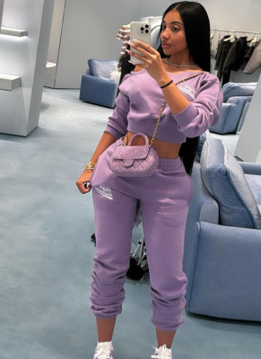 Sexy Slim Fit Navel Embroidered Sweater High Waist Solid Color Trousers Two-Piece Set