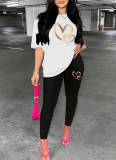 Fashionable Gradient Gold Heart Print Casual Two-Piece Suit