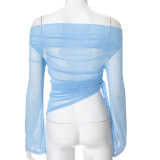 Autumn Solid Color Long-sleeved One-shoulder Sexy Mesh Patchwork Top