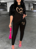Fashionable Gradient Gold Heart Print Casual Two-Piece Suit