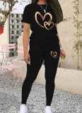 Fashionable Gradient Gold Heart Print Casual Two-Piece Suit
