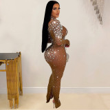 Fashionable Solid Color Mesh Long-sleeved Dress