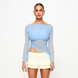 Autumn Solid Color Long-sleeved One-shoulder Sexy Mesh Patchwork Top