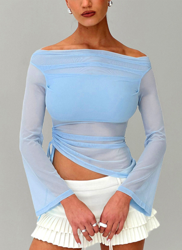 Autumn Solid Color Long-sleeved One-shoulder Sexy Mesh Patchwork Top