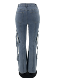 Blue Personalized Street Style High Elastic Denim Flared Overalls