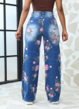 Women's Blue Floral Print Wide Leg Jeans