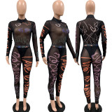 Positioned Printed See-through Mesh Bodysuit + Trousers Set