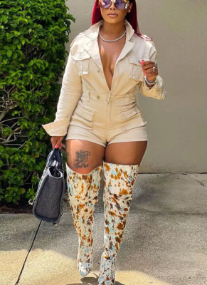 Denim Fabric Fashion Pocket Long Sleeve Jumpsuit