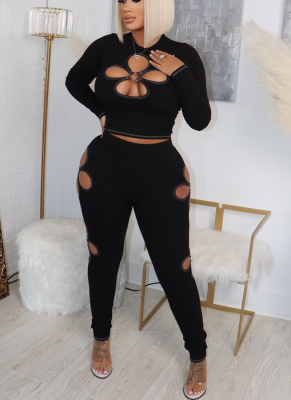 Autumn and Winter Elastic Pit Strip Four-leaf Hollow Two-piece Set