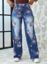 Women's Blue Floral Print Wide Leg Jeans