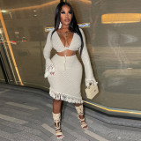 Autumn Sexy Knotted Fringed Skirt Two-piece Set