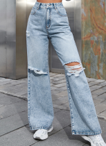 Light Blue Casual Fashion Ripped Women's Denim Pants