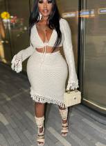 Autumn Sexy Knotted Fringed Skirt Two-piece Set