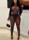 Positioned Printed See-through Mesh Bodysuit + Trousers Set