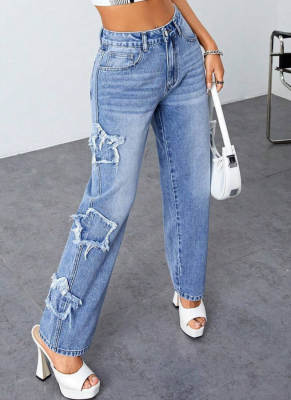 Blue Irregular Star High Waist Straight Washed Jeans