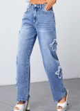 Blue Irregular Star High Waist Straight Washed Jeans